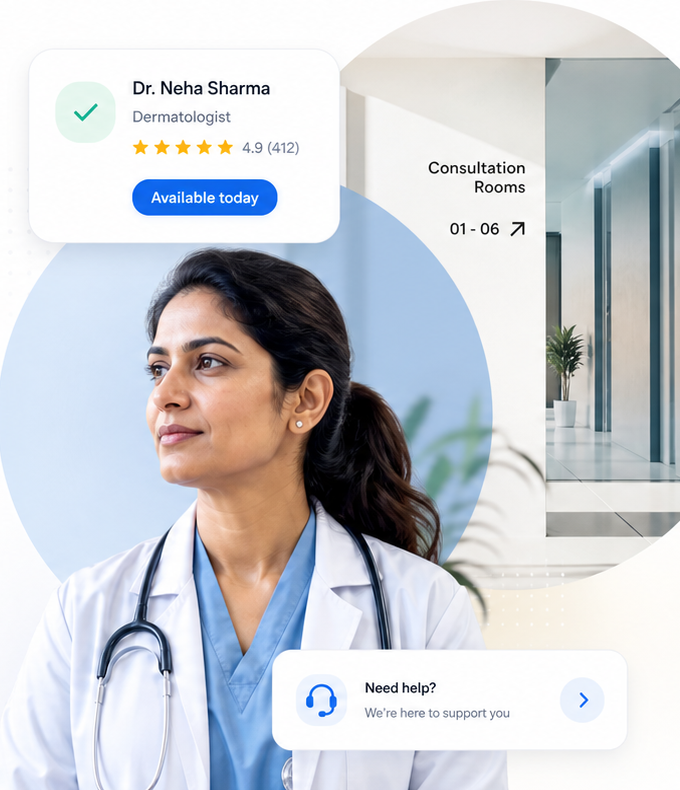 Verified doctor profile, consultation rooms, and support card